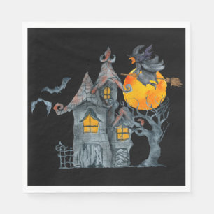 Water colour Witch and spooky  house Halloween Napkin