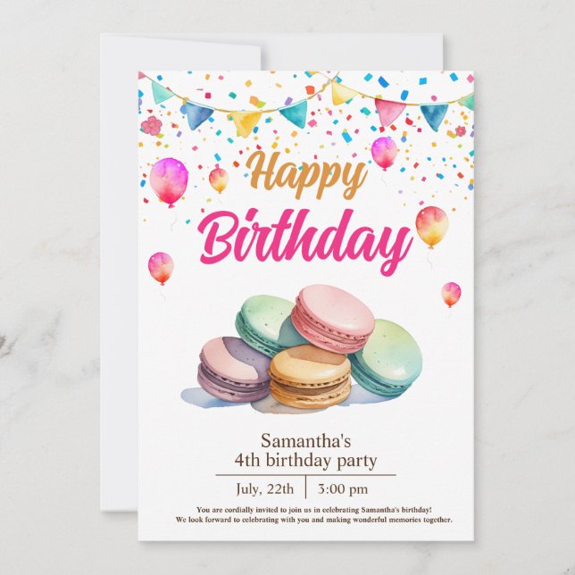 water coloured cute macarons birthday party invitation (Front)