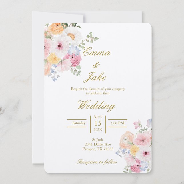 Water coloured floral beige wedding  invitation (Front)