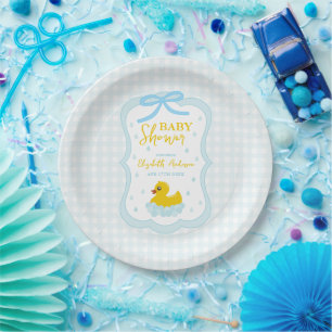 Water Droplets Gingham Boy Baby Shower Paper Plate