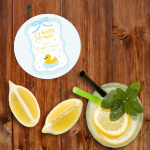 Water Droplets Gingham Boy Baby Shower Round Paper Coaster