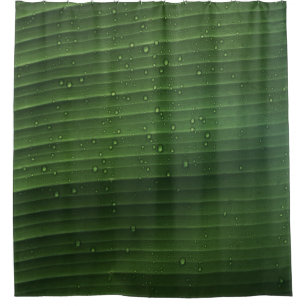 Water droplets on green leaf shower curtain