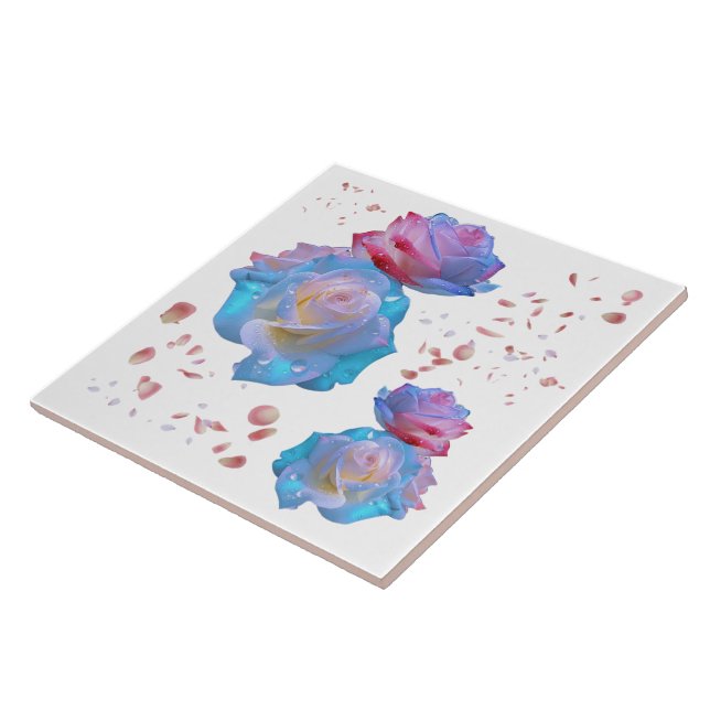 Water Droplets on Pink & Blue Roses on White | Tile (Side)