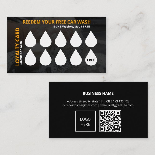 Water Drops Car Wash QR Code Loyalty Card  (Front/Back)