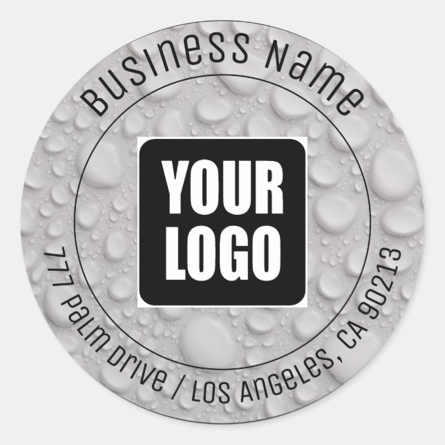 Water Drops, DIY Business Name, Address & Logo Classic Round Sticker (Front)