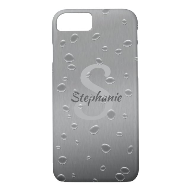 Water Drops on Brushed Metal Monogram Name Case-Mate iPhone Case (Back)