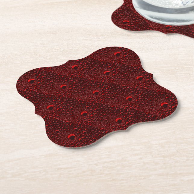 Water Drops on Crimson Metal Paper Coaster (Angled)