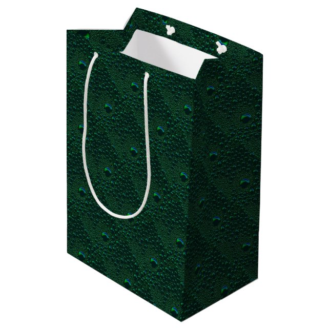 Water Drops on Green Metal Medium Gift Bag (Back Angled)