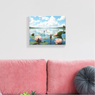 Water Flowers on a Lake with a Cloudy Sky Canvas Print