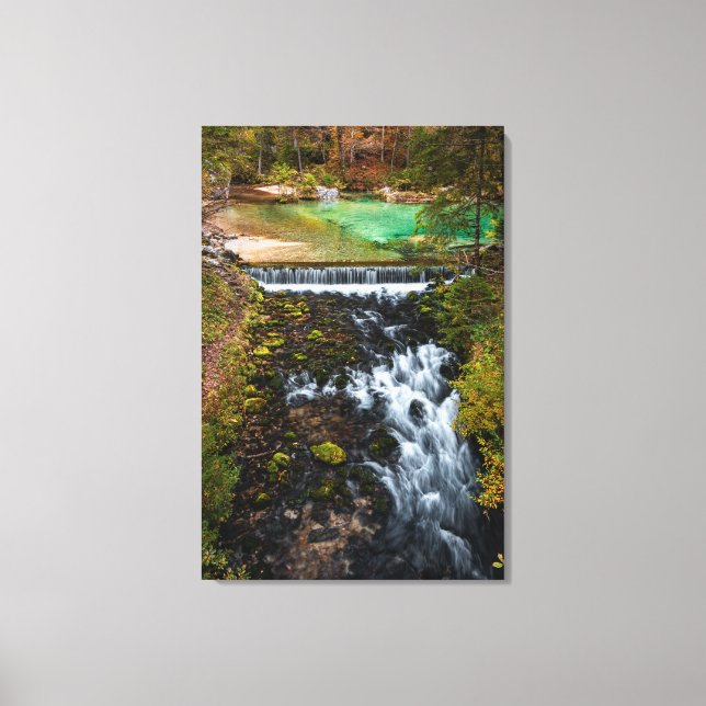 Water flowing through autumn forest canvas print (Front)