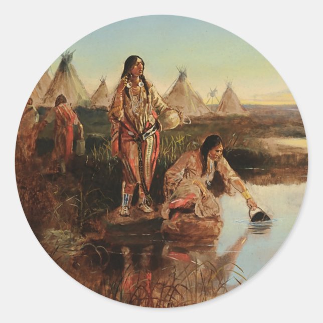 “Water For Camp” Cowboy Art by Charles Russell Classic Round Sticker (Front)