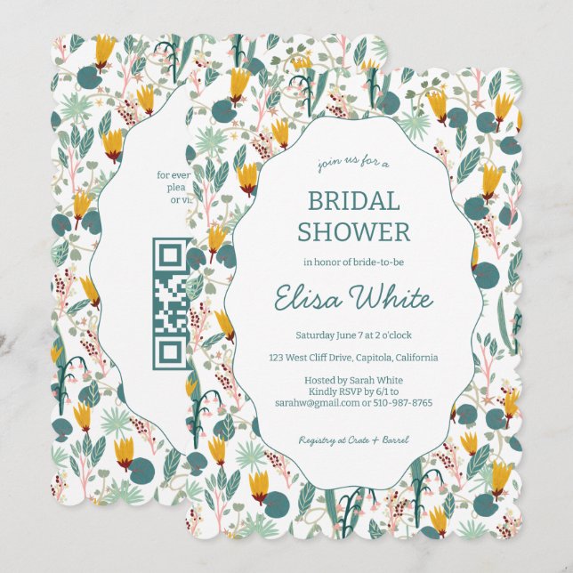 Water Garden Floral Bridal Shower Cute CUSTOM QR Invitation (Front/Back)