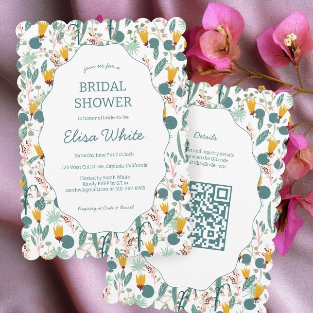 Water Garden Floral Bridal Shower Cute CUSTOM QR Invitation (Water Garden Floral Bridal Shower Cute CUSTOM QR Code Scalloped Invitation
)