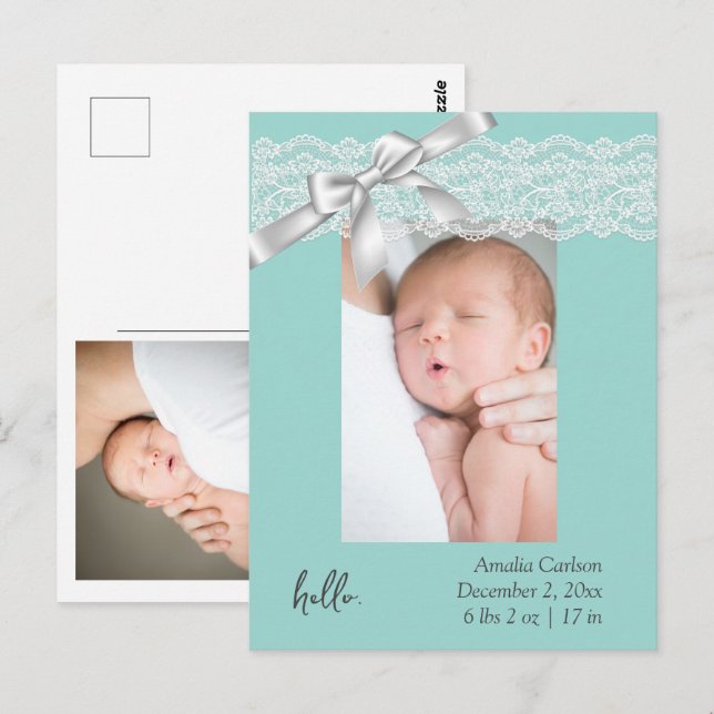 Water Green Lace Birth Announcement Card (Front/Back)