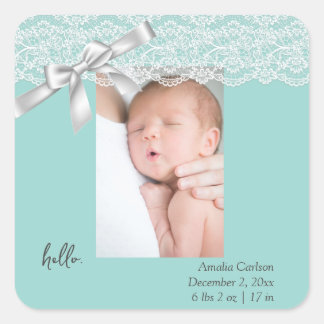 Water Green Lace Birth Announcement Square Sticker