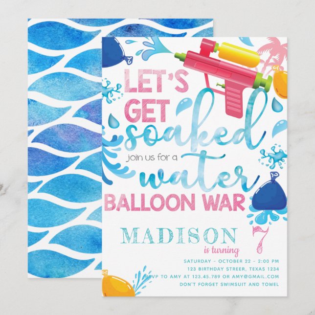 Water Gun & Balloons Girl Birthday Party Invitation (Front/Back)