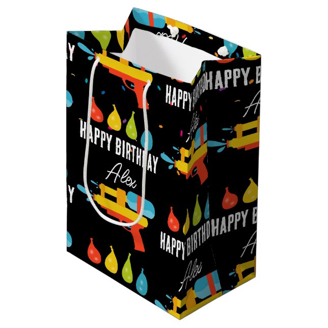 Water Gun & Balloons Summer Birthday Party Medium Gift Bag (Front Angled)