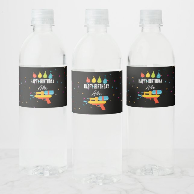 Water Gun & Balloons Summer Birthday Party Water Bottle Label (Bottles)