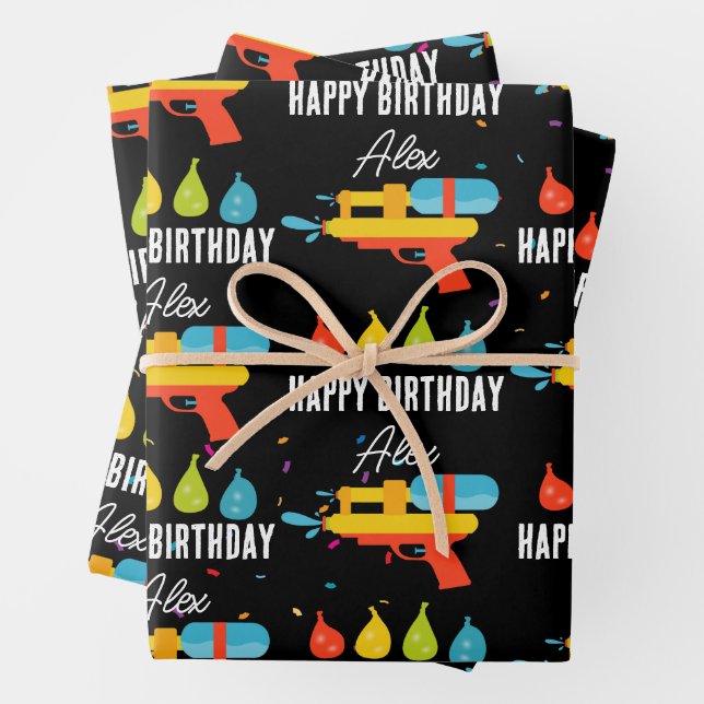 Water Gun & Balloons Summer Birthday Party Wrapping Paper Sheet (In situ)