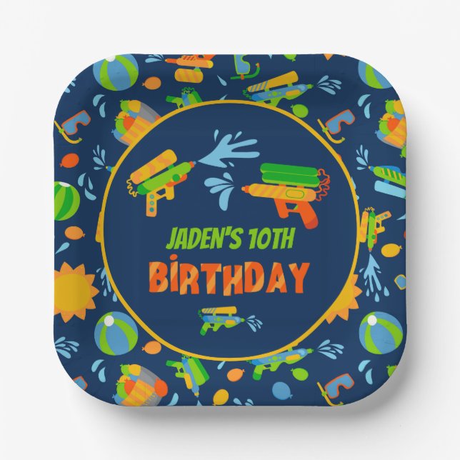 Water Gun Battle Pool Party Kids Summer Birthday Paper Plate (Front)