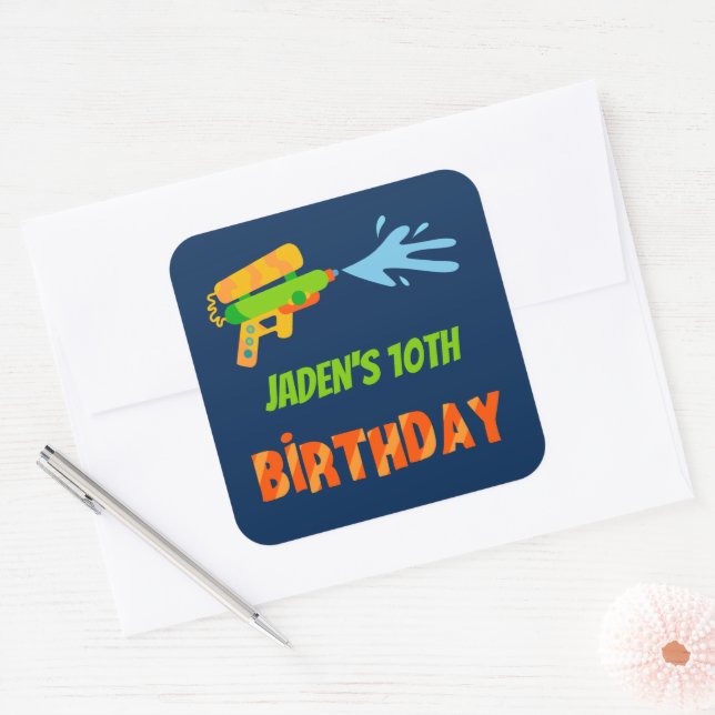 Water Gun Battle Pool Party Kids Summer Birthday Square Sticker (Envelope)
