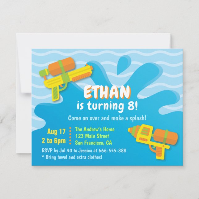 Water Gun Boys Summer Birthday Party Invitations (Front)