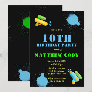 Water Gun Splash Boy 10th  Birthday Party Invites