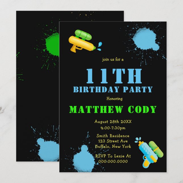 Water Gun Splash Boy 11th  Birthday Party Invites (Front/Back)