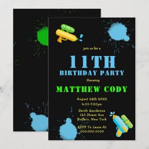 Water Gun Splash Boy 11th  Birthday Party Invites