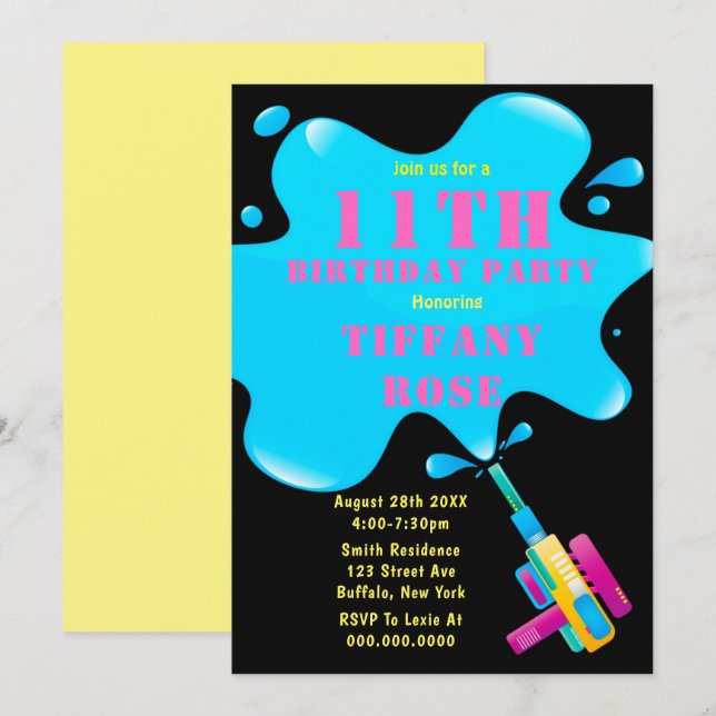 Water Gun Splash Girl 11th  Birthday Party Invites (Front/Back)