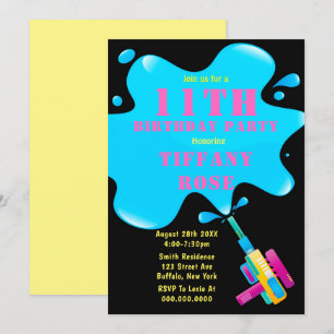 Water Gun Splash Girl 11th  Birthday Party Invites