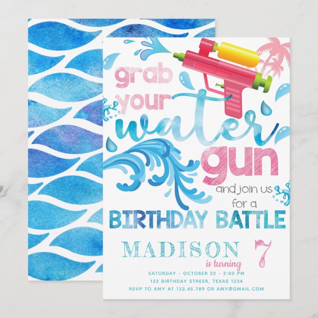 Water Gun Summer Birthday Party for Girl Invitation (Front/Back)