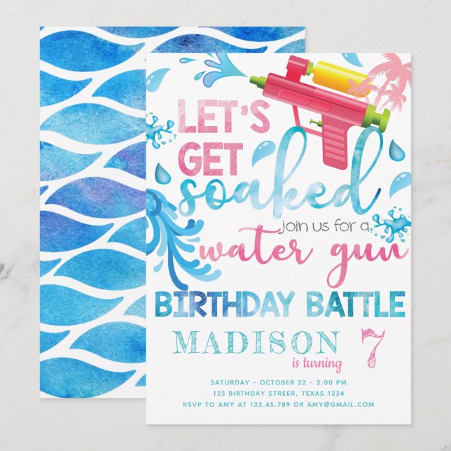 Water Gun Summer Girl Birthday Party Invitation (Front/Back)