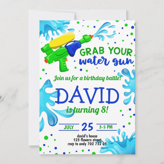 Water Gun Summer Pool Party Boy Birthday Invitation (Front)