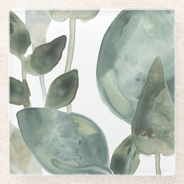 Water Leaves - Watercolor Glass Coaster (Front)