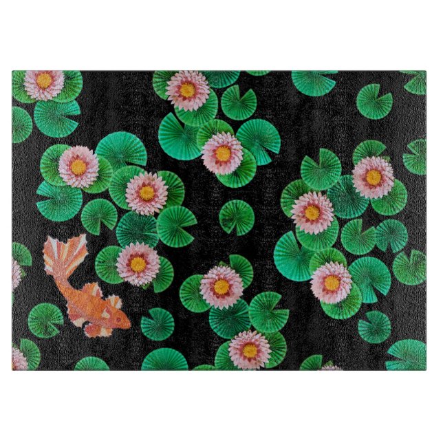 Water Lilies and Koi Fish Glass Cutting Board (Front)