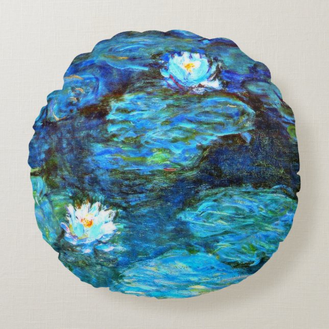 Water Lilies (blue) by Claude Monet Round Cushion (Front)
