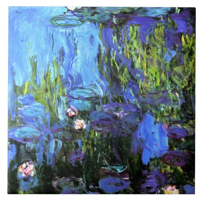 Water Lilies, Blue Indigo, fine art, Tile (Front)