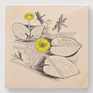Water-lilies engraving stone coaster