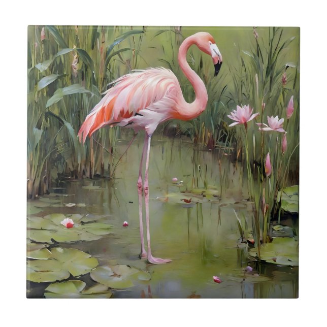 Water Lilies Flamingo And Reeds Oil Painting, Tile (Front)