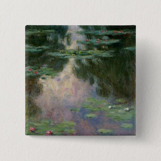 WATER LILIES IN PINK GREEN POND by Claude Monet  15 Cm Square Badge (Front)
