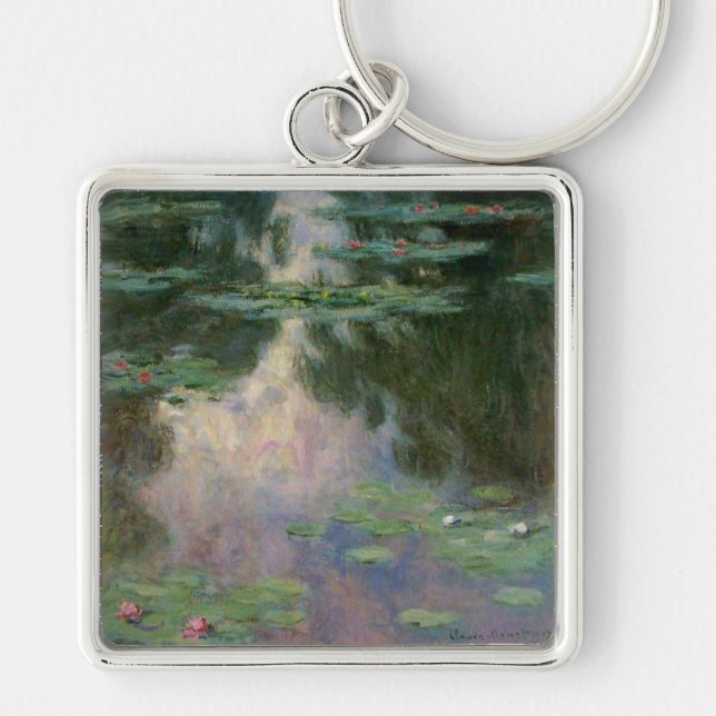 WATER LILIES IN PINK GREEN POND by Claude Monet Key Ring (Front)
