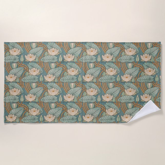 Water Lilies Lily Art Nouveau Nature Beach Towel (Front)