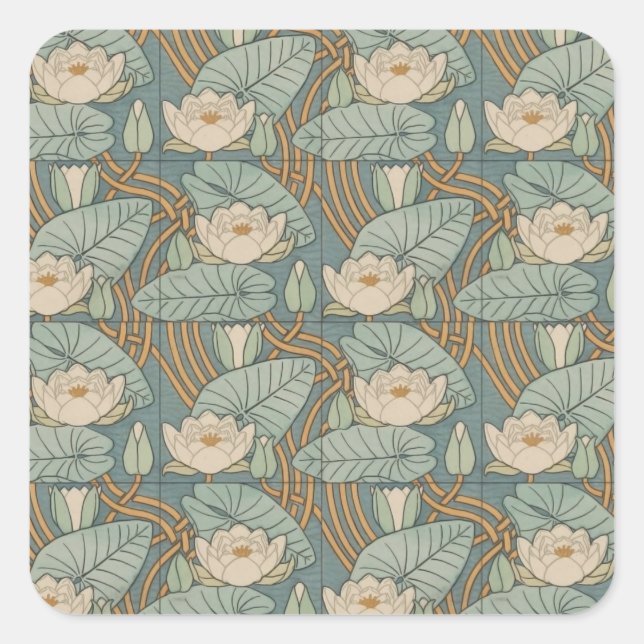 Water Lilies Lily Art Nouveau Nature Square Sticker (Front)