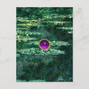 WATER LILIES  POND IN GREEN, Purple Gem Postcard