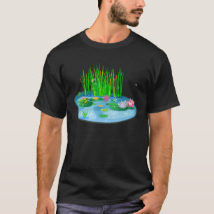 water lilies Pond with Frog on lily pad cattails D T-Shirt