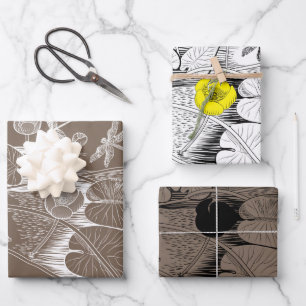  Water-lilies yellow brown engraving graphic Wrapping Paper Sheet