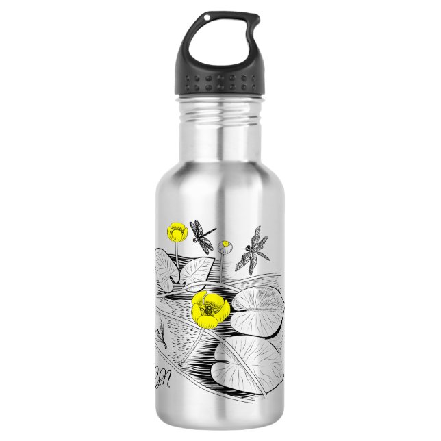Water-lilies yellow engraving graphic black 532 ml water bottle (Front)