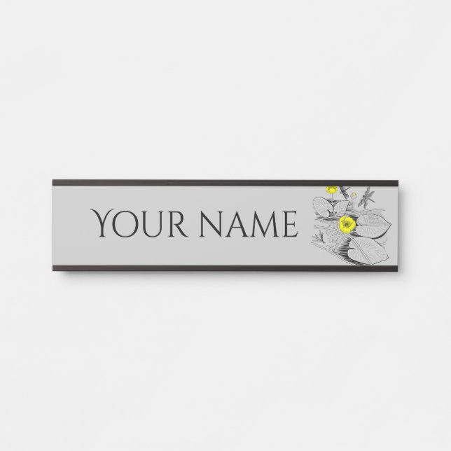 Water-lilies yellow engraving graphic black door sign (Front)