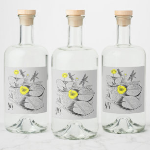 Water-lilies yellow engraving graphic black liquor bottle label